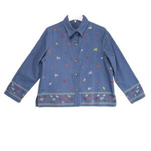 Vtg 90s BonWorth Women's M Embroidered Fall Leaves Denim Button Front Shirt Top